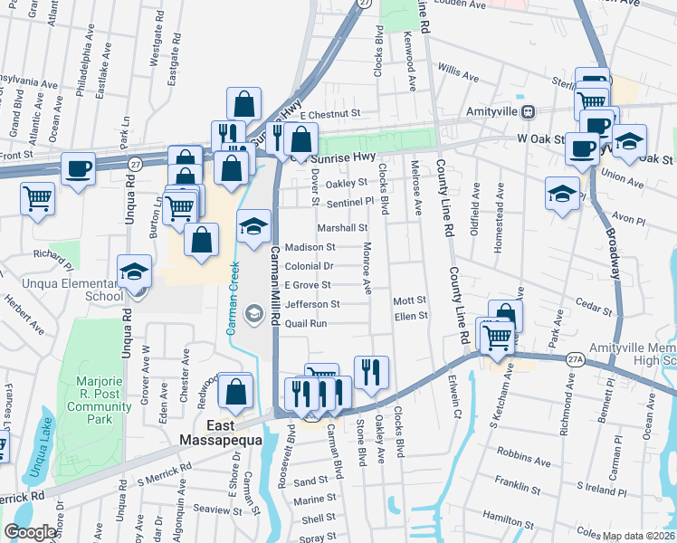 map of restaurants, bars, coffee shops, grocery stores, and more near 39 East Grove Street in Massapequa