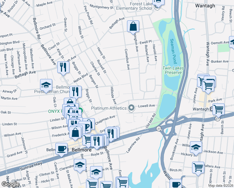 map of restaurants, bars, coffee shops, grocery stores, and more near 2107 Hillside Avenue in Bellmore