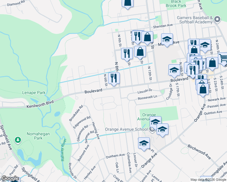 map of restaurants, bars, coffee shops, grocery stores, and more near in Kenilworth