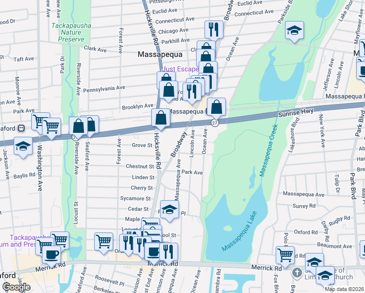 map of restaurants, bars, coffee shops, grocery stores, and more near 1 Seaview Avenue in Massapequa