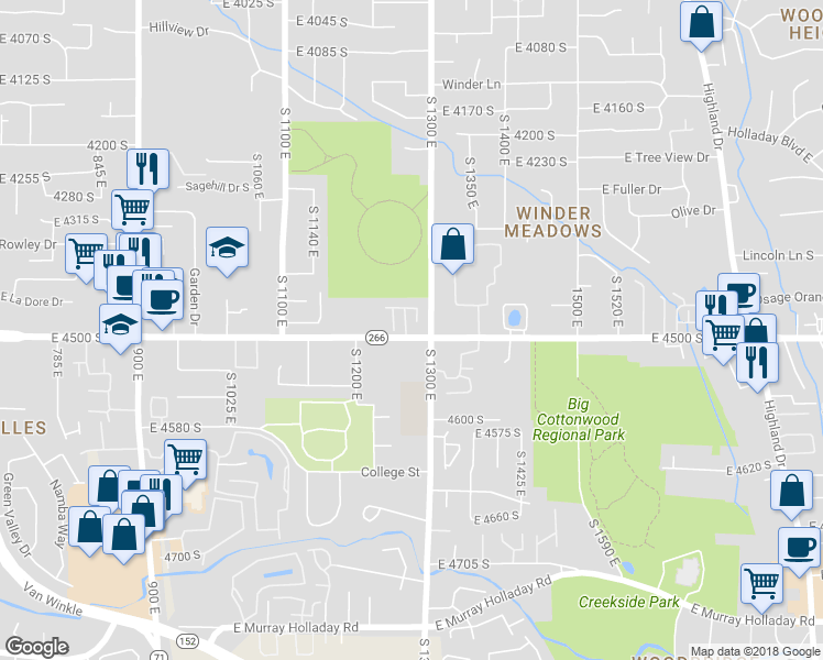 map of restaurants, bars, coffee shops, grocery stores, and more near 4487 South 1260 East in Millcreek