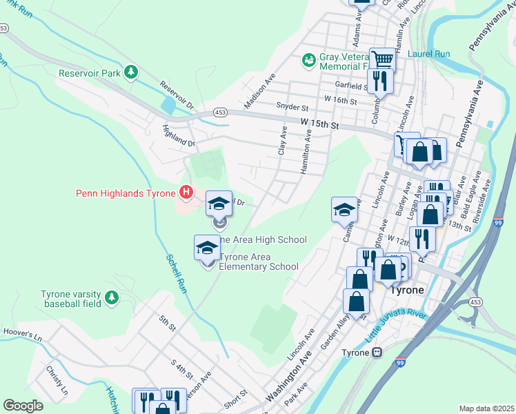 map of restaurants, bars, coffee shops, grocery stores, and more near 1001 Clay Avenue in Tyrone