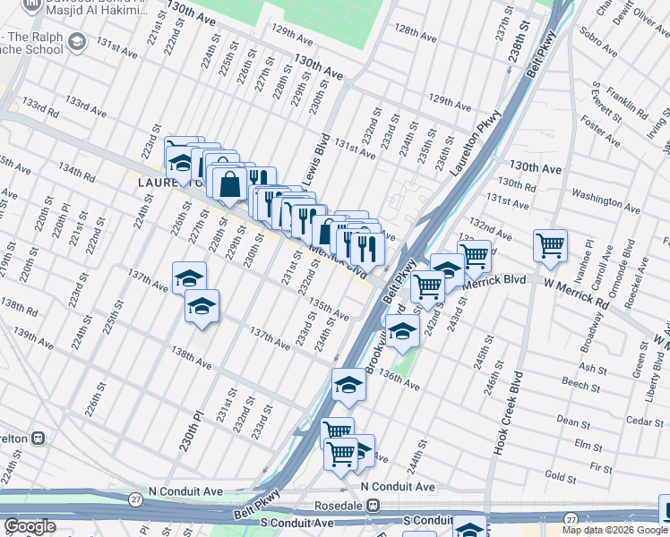 map of restaurants, bars, coffee shops, grocery stores, and more near 134-27 233rd Street in Queens