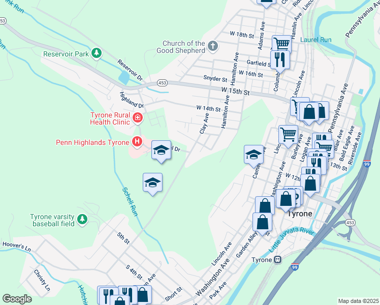 map of restaurants, bars, coffee shops, grocery stores, and more near 1001 Clay Avenue in Tyrone