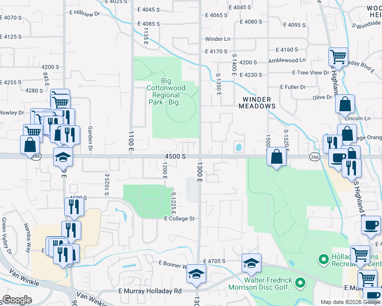 map of restaurants, bars, coffee shops, grocery stores, and more near 4487 South 1260 East in Millcreek