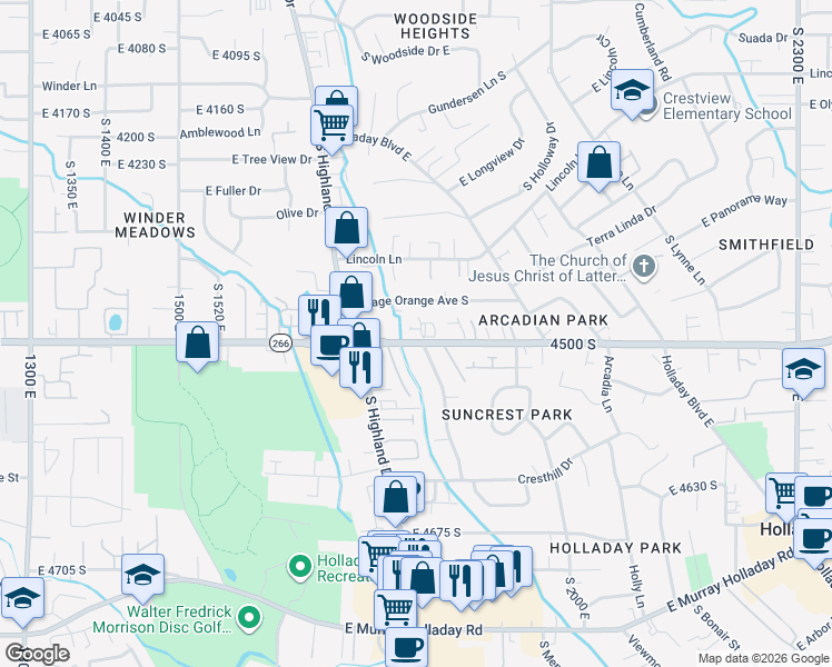 map of restaurants, bars, coffee shops, grocery stores, and more near 1812 East 4500 South in Holladay