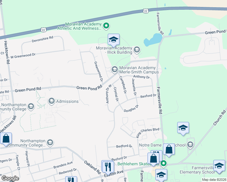 map of restaurants, bars, coffee shops, grocery stores, and more near 4220 Crystal Drive in Bethlehem