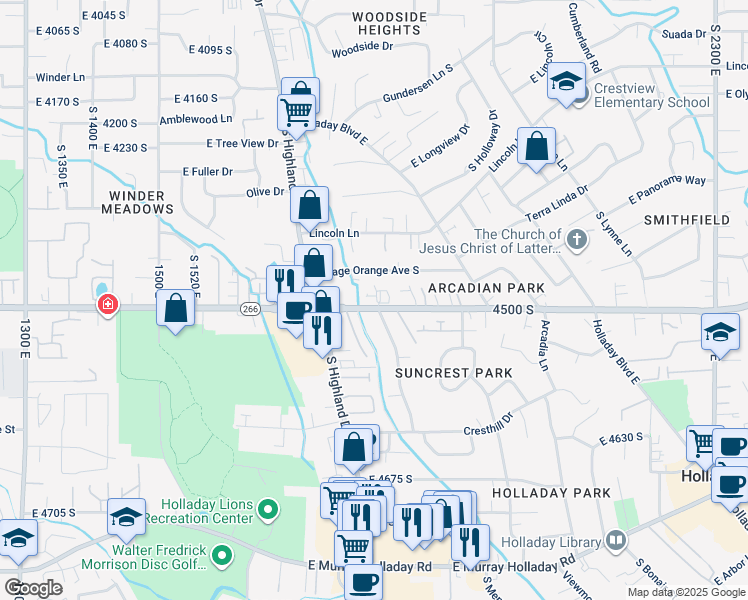 map of restaurants, bars, coffee shops, grocery stores, and more near 1848 Rouen Circle in Holladay