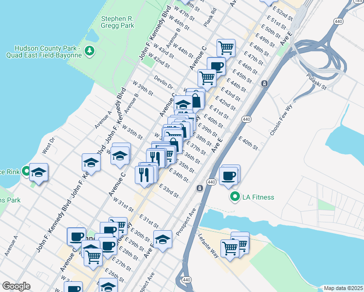 map of restaurants, bars, coffee shops, grocery stores, and more near 12 East 36th Street in Bayonne