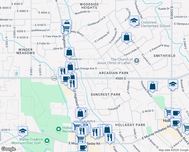 map of restaurants, bars, coffee shops, grocery stores, and more near 1889 East 4500 South in Holladay