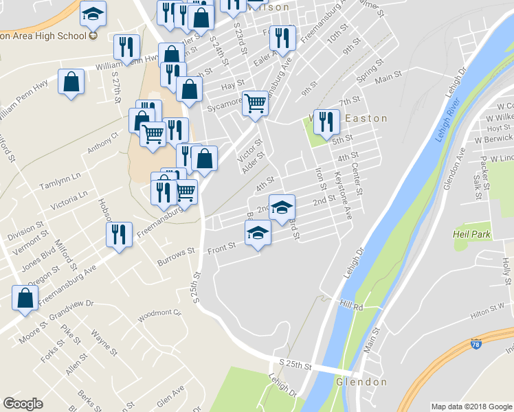 map of restaurants, bars, coffee shops, grocery stores, and more near 2349 2nd Street in Easton