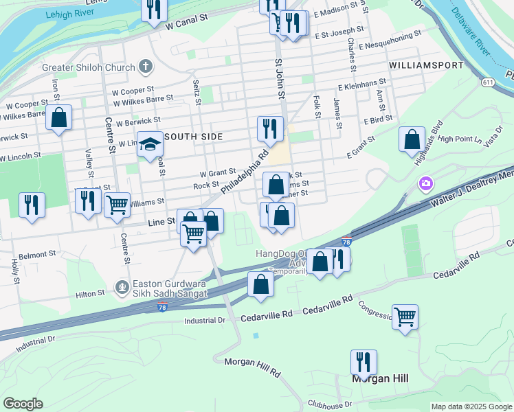 map of restaurants, bars, coffee shops, grocery stores, and more near 300 Palmer Street in Easton