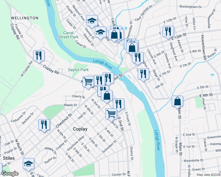 map of restaurants, bars, coffee shops, grocery stores, and more near in Coplay