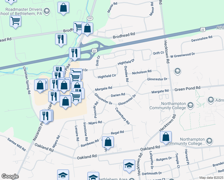 map of restaurants, bars, coffee shops, grocery stores, and more near 3236 Margate Road in Bethlehem