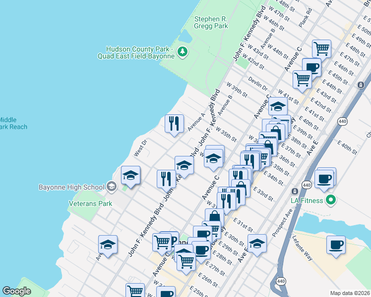 map of restaurants, bars, coffee shops, grocery stores, and more near 833 John F. Kennedy Boulevard in Bayonne