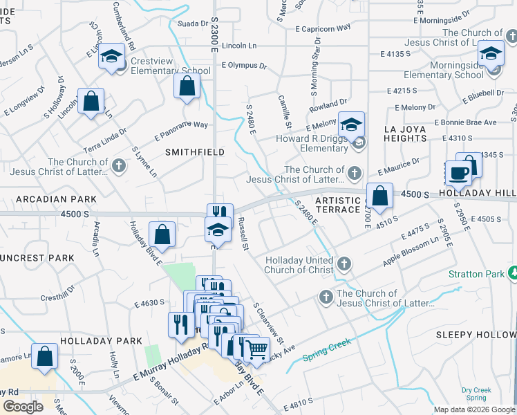 map of restaurants, bars, coffee shops, grocery stores, and more near 2404 East 4500 South in Holladay