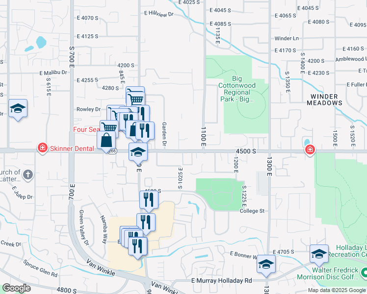 map of restaurants, bars, coffee shops, grocery stores, and more near 1045 East 4500 South in Millcreek