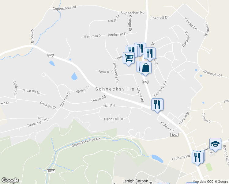 map of restaurants, bars, coffee shops, grocery stores, and more near 4950 Ancinetta Drive in Schnecksville