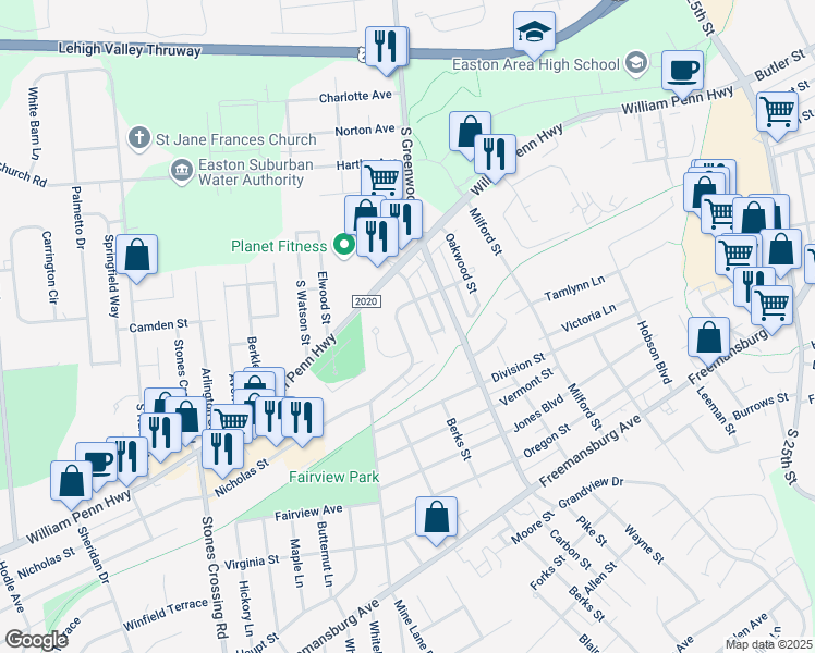 map of restaurants, bars, coffee shops, grocery stores, and more near 24-26 Grove Street in Easton
