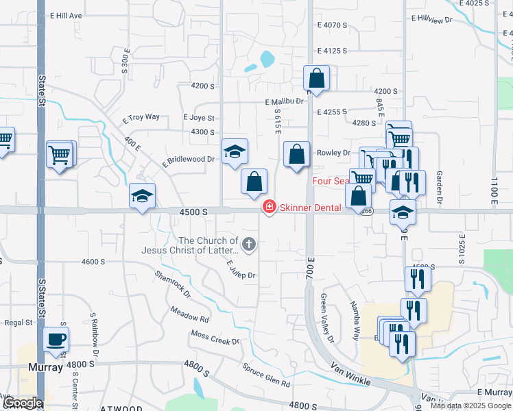 map of restaurants, bars, coffee shops, grocery stores, and more near 4511 South 600 East in Murray