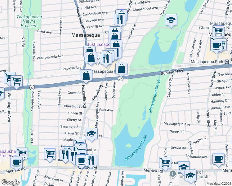 map of restaurants, bars, coffee shops, grocery stores, and more near 393 Ocean Avenue in Massapequa