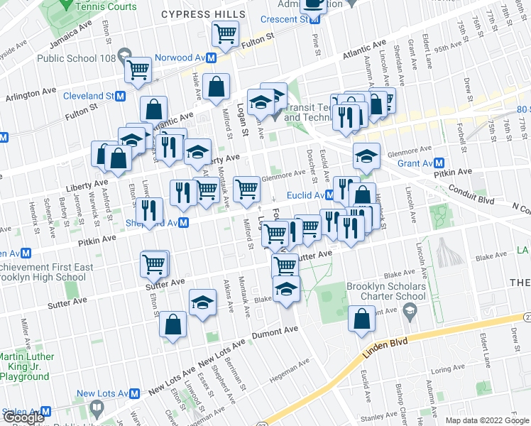 map of restaurants, bars, coffee shops, grocery stores, and more near 2602 Pitkin Avenue in Brooklyn