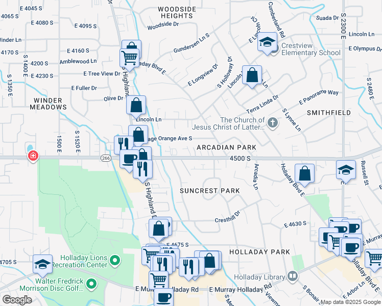 map of restaurants, bars, coffee shops, grocery stores, and more near 4474 Sonia Rose Court in Holladay