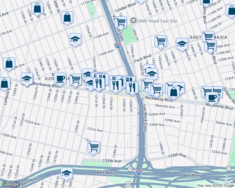 map of restaurants, bars, coffee shops, grocery stores, and more near 128-1 134th Street in Queens