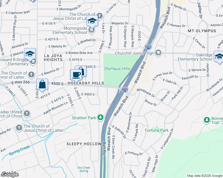 map of restaurants, bars, coffee shops, grocery stores, and more near 4510 Stratton Drive East in Holladay