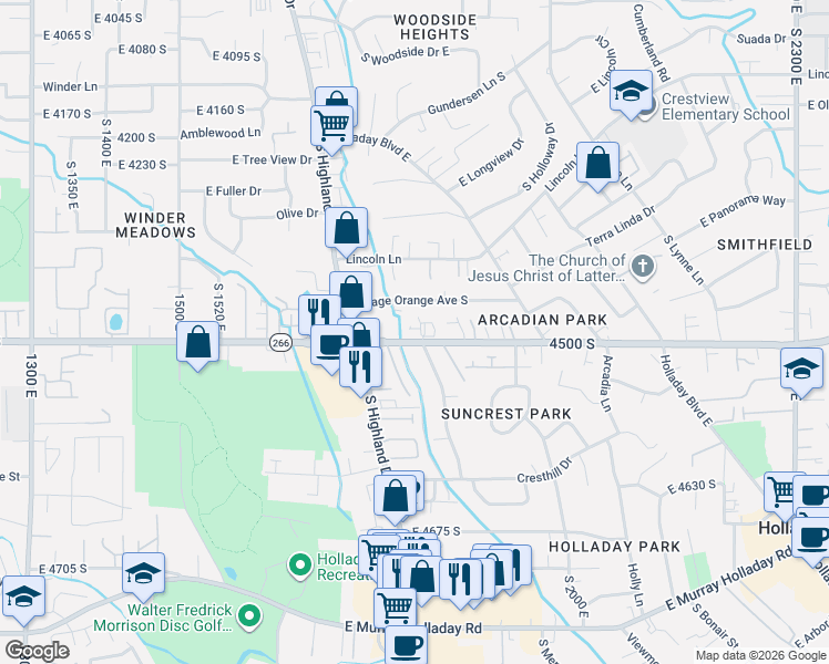 map of restaurants, bars, coffee shops, grocery stores, and more near 1812 East 4500 South in Holladay