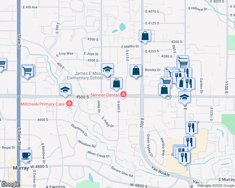 map of restaurants, bars, coffee shops, grocery stores, and more near 4511 South 600 East in Murray