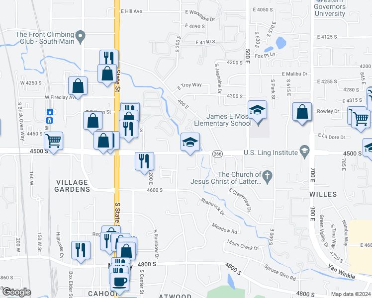 map of restaurants, bars, coffee shops, grocery stores, and more near 310 East 4500 South in Murray