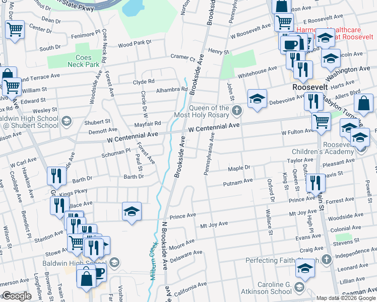 map of restaurants, bars, coffee shops, grocery stores, and more near 6 Catlin Avenue in Roosevelt