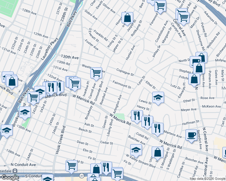 map of restaurants, bars, coffee shops, grocery stores, and more near 274 Brown Street in Valley Stream