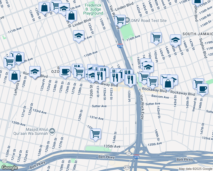 map of restaurants, bars, coffee shops, grocery stores, and more near 12023 132nd Street in Queens