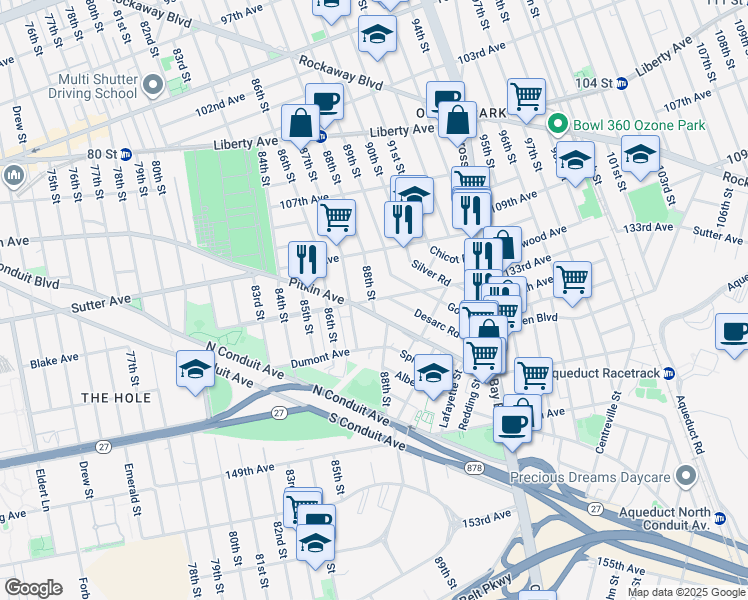 map of restaurants, bars, coffee shops, grocery stores, and more near 88-05 Pitkin Avenue in Queens