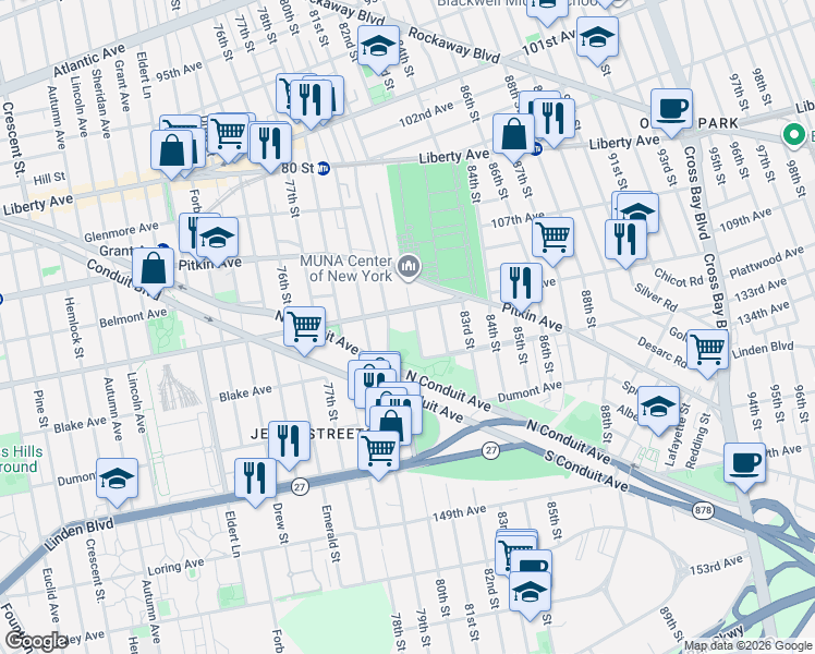 map of restaurants, bars, coffee shops, grocery stores, and more near 132-35 81st Street in Queens
