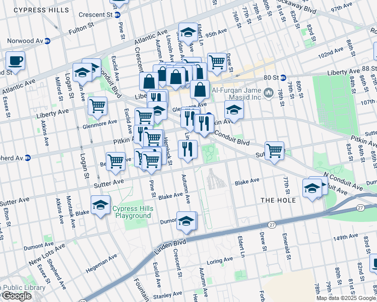 map of restaurants, bars, coffee shops, grocery stores, and more near 605 Autumn Avenue in Brooklyn