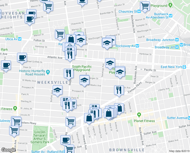 map of restaurants, bars, coffee shops, grocery stores, and more near 1894 Bergen Street in Brooklyn