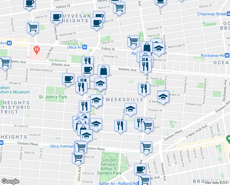map of restaurants, bars, coffee shops, grocery stores, and more near 1291 Saint Marks Avenue in Brooklyn