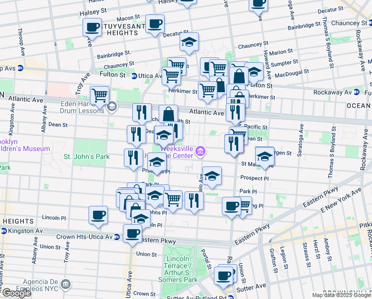 map of restaurants, bars, coffee shops, grocery stores, and more near 1291 Saint Marks Avenue in Brooklyn