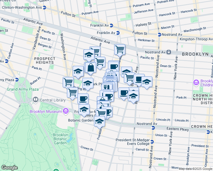 map of restaurants, bars, coffee shops, grocery stores, and more near 626 Park Place in Brooklyn