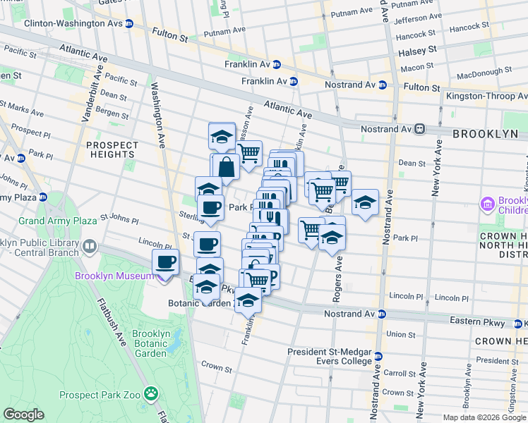 map of restaurants, bars, coffee shops, grocery stores, and more near 626 Park Place in Brooklyn