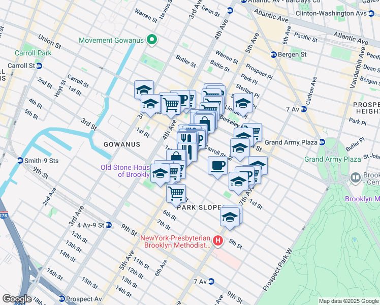 map of restaurants, bars, coffee shops, grocery stores, and more near 325 1st Street in Brooklyn