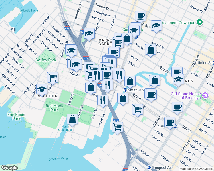 map of restaurants, bars, coffee shops, grocery stores, and more near 529 Court Street in Brooklyn