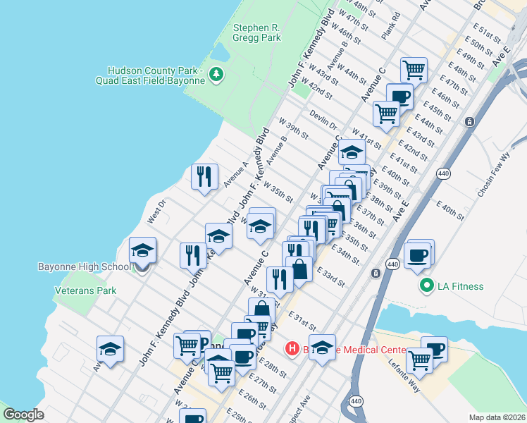 map of restaurants, bars, coffee shops, grocery stores, and more near 83-85 East 33rd Street in Bayonne