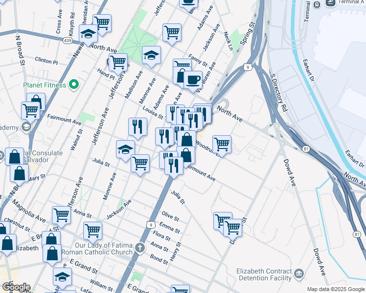 map of restaurants, bars, coffee shops, grocery stores, and more near 603 Spring Street in Elizabeth