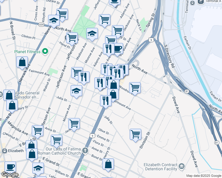 map of restaurants, bars, coffee shops, grocery stores, and more near 603 Spring Street in Elizabeth