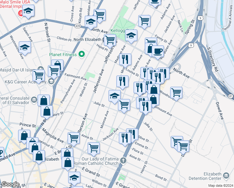 map of restaurants, bars, coffee shops, grocery stores, and more near 577 Monroe Avenue in Elizabeth