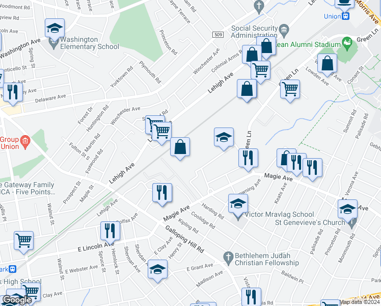 map of restaurants, bars, coffee shops, grocery stores, and more near 410 Clermont Terrace in Union